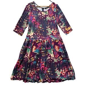 Peruvian Connection Floral Knee-length Dress Size XL Pleated Skirt 3/4 Sleeves